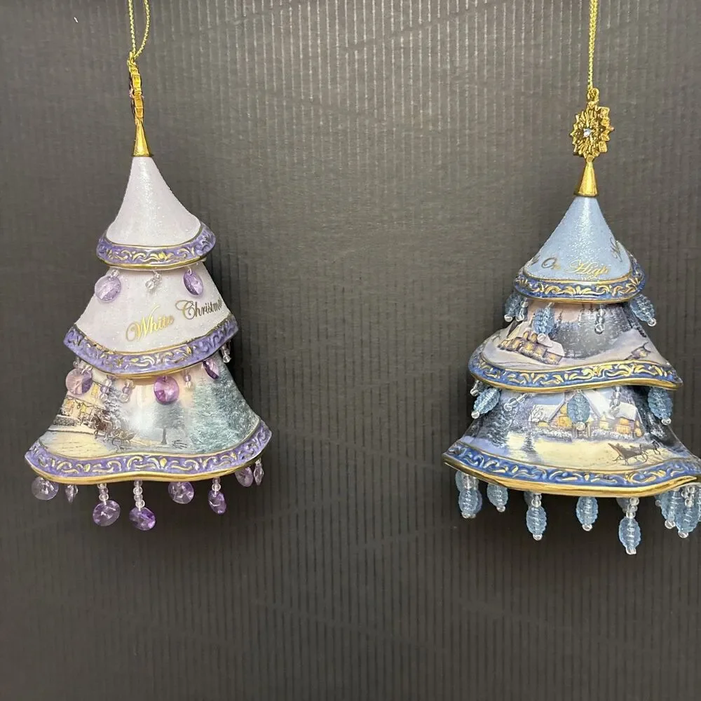 Thomas Kinkade Classic Ornaments, 2 Decorated Christmas Tree, White & Nativity